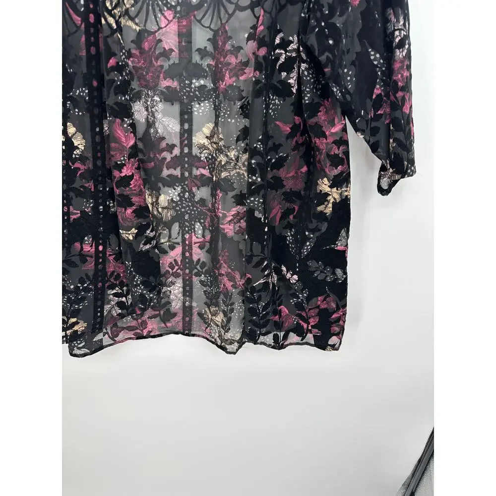 Christopher & Bank Women Black Floral Velvet Burnout Cardigan Size L Half Sleeve